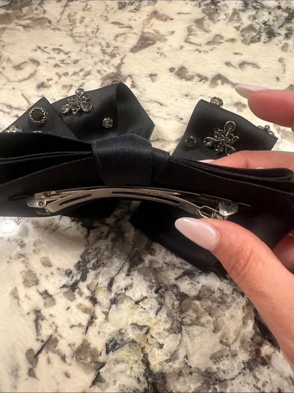 Saks Fifth Avenue Black Bow Hair Clip with Pearl & Crystal Accents